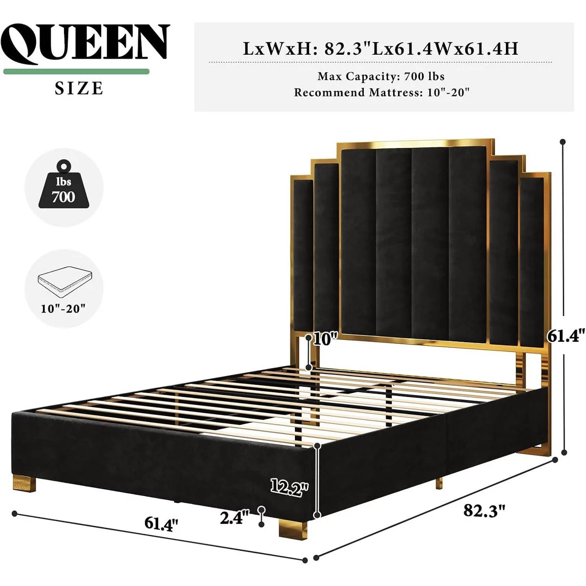 ARTYFER Upholstered Bed, Modern Velvet Bed Frame with 61.4" Tall Gold Trim Headboard