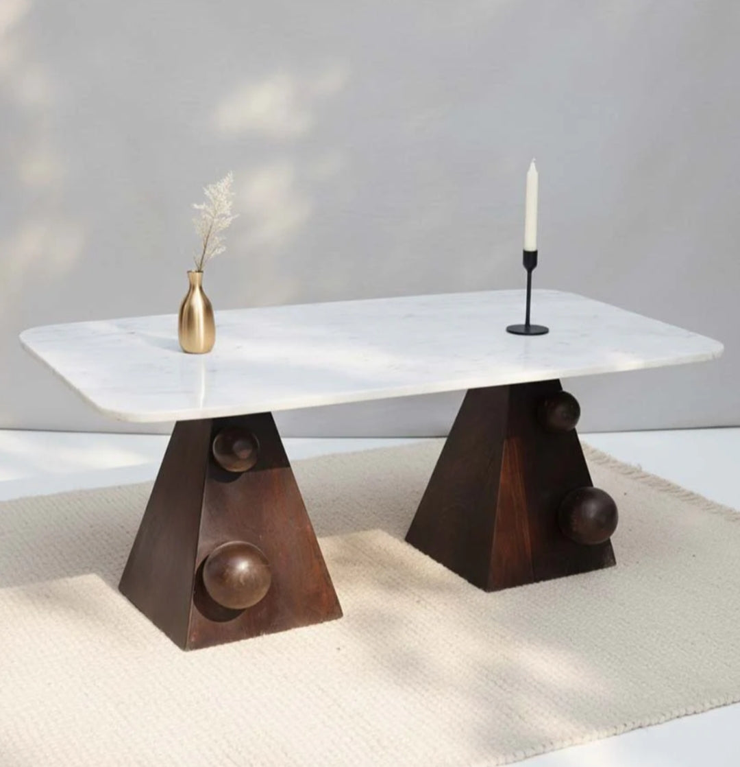 Handcrafted Marble Coffee Table With Sculpted Pyramid Wood Legs