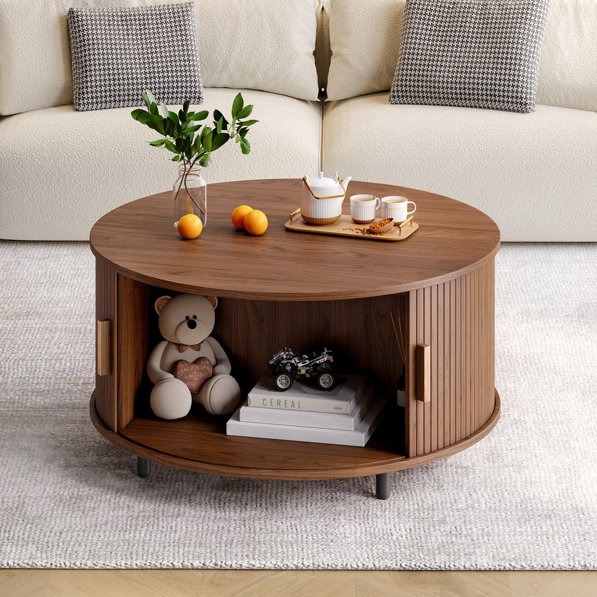 Modern Round Coffee Table With 360° Curved Sliding Door.