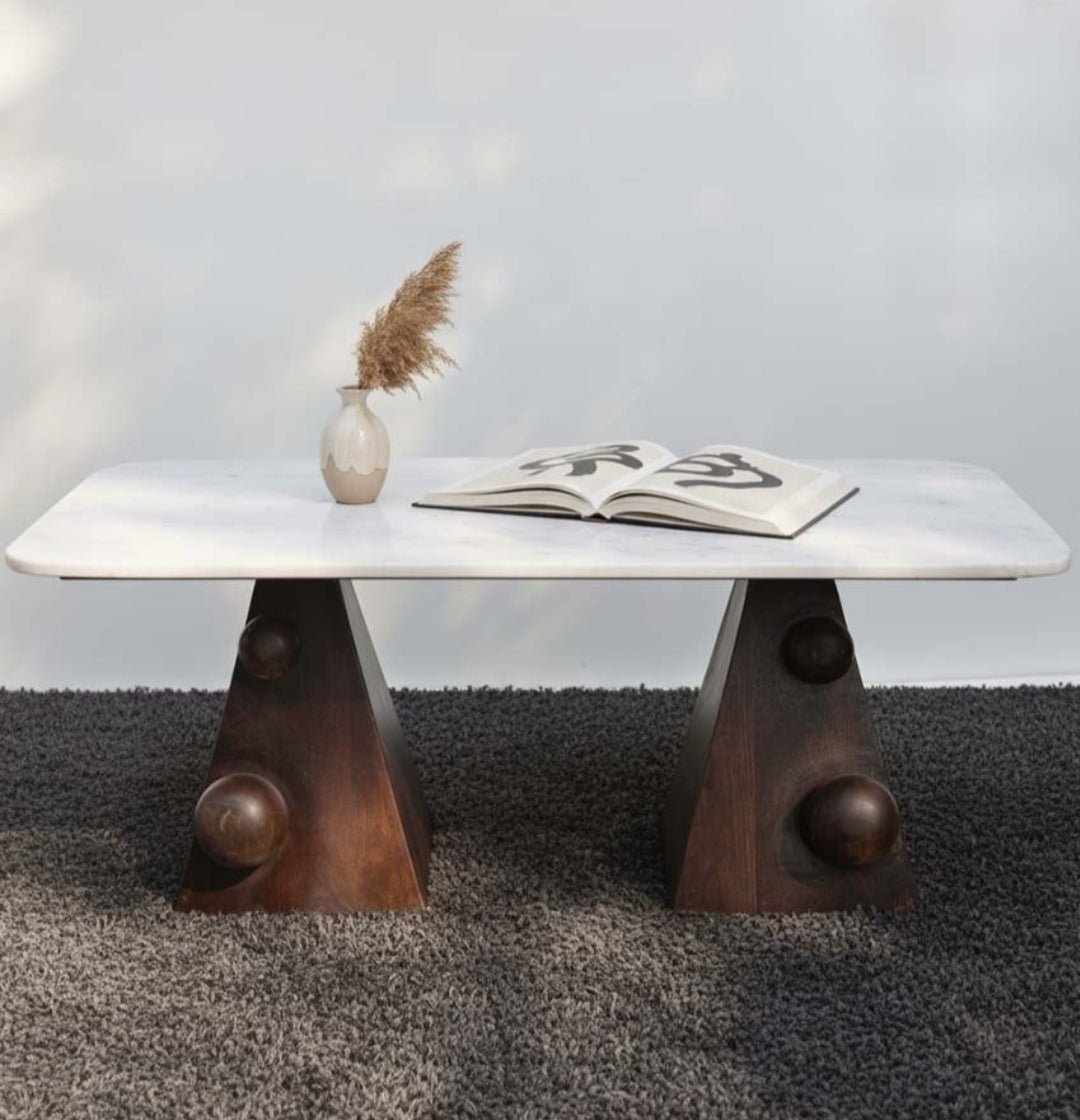 Handcrafted Marble Coffee Table With Sculpted Pyramid Wood Legs