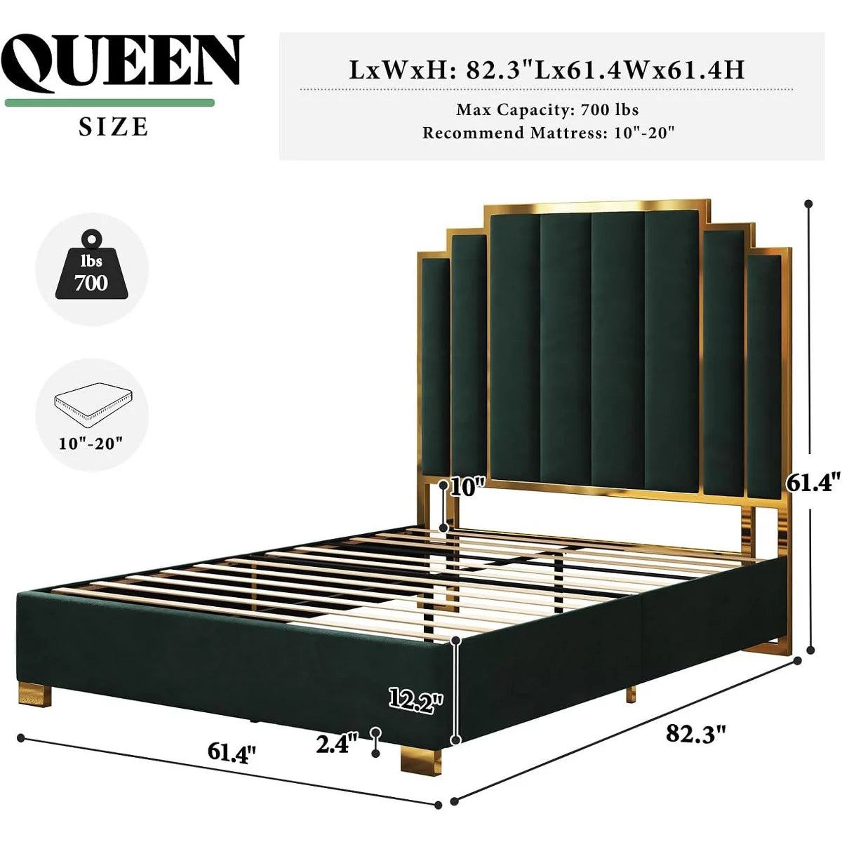 ARTYFER Upholstered Bed, Modern Velvet Bed Frame with 61.4" Tall Gold Trim Headboard