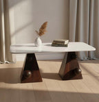 Handcrafted Marble Coffee Table With Sculpted Pyramid Wood Legs