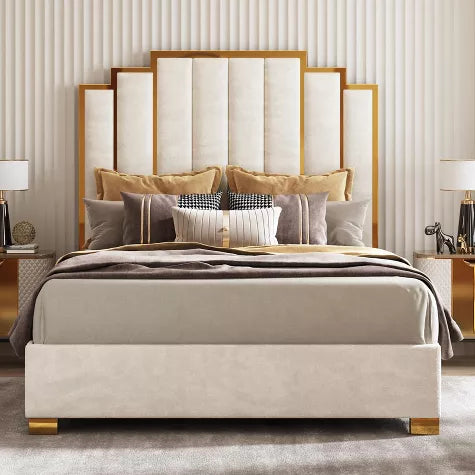 ARTYFER Upholstered Bed, Modern Velvet Bed Frame with 61.4" Tall Gold Trim Headboard