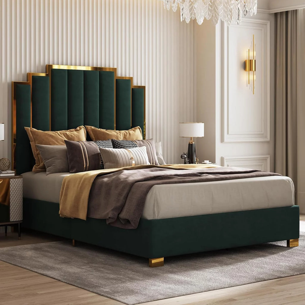 ARTYFER Upholstered Bed, Modern Velvet Bed Frame with 61.4" Tall Gold Trim Headboard