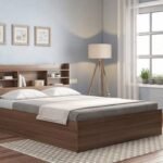 Wooden Bed with Storage | Queen Size Box Storage Bed In Classic Walnut Finish | Teak Wood Low Floor Bed with Backside Bookcase