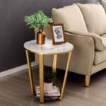 Round White Coffee Table for Living Room | Small Side Table for Living Room | Golden Stainless Steel Base with White Marble Top Bedside End Table