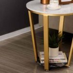 Round White Coffee Table for Living Room | Small Side Table for Living Room | Golden Stainless Steel Base with White Marble Top Bedside End Table - Image 2