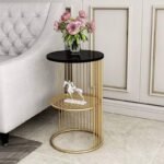 Black Round Coffee Table for Living Room | Sofa Side Golden Side Table for Drawing Room | Half Caged Round Teapoy Design Marble Top End Table for Home Decor