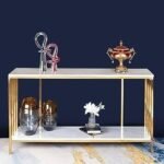 Living Room Console Table for Rich Look – Golden Hallway Table | Square Piped Double Decker Console Table for Living Room | White Marble Top & Bottom for Storage | Designer Furniture for Living Room
