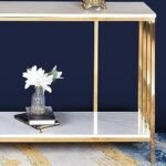 Living Room Console Table for Rich Look – Golden Hallway Table | Square Piped Double Decker Console Table for Living Room | White Marble Top & Bottom for Storage | Designer Furniture for Living Room - Image 3
