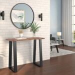 Teak Wood Console Table for Living Room | Wooden Top Central Table for Living Room | Matt Black Base in PVD Coating | Luxury Furniture Piece for Home Decor