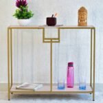 Iron Console Table by Artyfer | Solid Metal Console Table With Golden Iron Frame | Two Shelves White Console Table