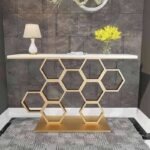 Metal Console Table With Marble Top by Artyfer | Honeycomb Motif Golden Metal Console Table | White Marble Top