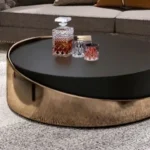 Centre Table for Drawing Room – Rose Gold Stainless Steel Round Frame with Matt Black Wooden Top | Handmade Centre Table for Living Room