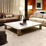 Luxury Centre Table for Home Decor – Golden Low Height Center Table for Living Room in White Marble Top | Large Center Table for Drawing Room