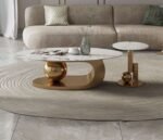 Centre Table for Living Room – Unique Design in Attractive Golden Color | Oval Center Table in Gold Base with End Table | Premium Marble Top Center Table for Drawing Room