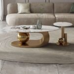 Centre Table for Living Room – Unique Design in Attractive Golden Color | Oval Center Table in Gold Base with End Table | Premium Marble Top Center Table for Drawing Room