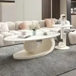 White Center Table for Living Room with Italian Composite Marble Top – Stainless Steel Frame Centre Table Design with Side Table - Image 2