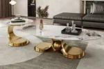 Luxury Center Table Design for Rich Look – C Shaped Stainless Steel Frame in Golden Color PVD Coating