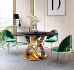 Round Dining Table with Chairs for Dining Area – Double Marble Top Dining Table Set in Stainless Steel Frame with Golden PVD
