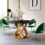 Round Dining Table with Chairs for Dining Area – Double Marble Top Dining Table Set in Stainless Steel Frame with Golden PVD