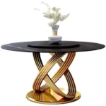Round Dining Table with Chairs for Dining Area – Double Marble Top Dining Table Set in Stainless Steel Frame with Golden PVD - Image 2