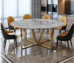 White Dining Table Set for 4, 6 & 8 Chairs – Round Marble Top Dining Table Set in Golden Stainless Steel Frame