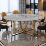 White Dining Table Set for 4, 6 & 8 Chairs – Round Marble Top Dining Table Set in Golden Stainless Steel Frame