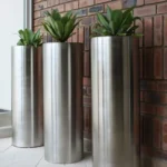 Indoor Planter on Stand – Long Stainless Steel Set of 3 Plant Pots | Round Barrel Planters in Stainless Steel