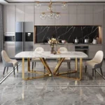 Modern Dining Table Set – Customisable Marble Top Golden Dining Table with Chairs 6 Chairs