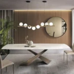 Rectangle Dining Table Design – Silver Stainless Steel Base with Marble Top Dining Table with 4 Chairs