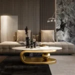Designer Centre Table for Living Room in Golden PVD Coating on Stainless Steel Marble Frame | Marble Top Centre Table Design