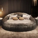 Round Bed Design with Mattress – Charcoal Grey Queen Size Low Height Bed in Velvet Fabric and Timber Wood Bed Frame - Image 2
