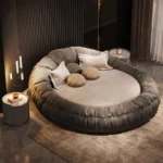 Round Bed Design with Mattress – Charcoal Grey Queen Size Low Height Bed in Velvet Fabric and Timber Wood Bed Frame - Image 3