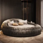 Round Bed Design with Mattress – Charcoal Grey Queen Size Low Height Bed in Velvet Fabric and Timber Wood Bed Frame