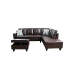Dark Brown 3 Piece Faux Leather Sectional Sofa with Ottoman - Image 2