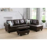 Dark Brown 3 Piece Faux Leather Sectional Sofa with Ottoman