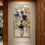 Metal Decor for Wall – Big Designer Wall Art with Frame | Golden and Purple Leaves Design Large Wall Decor for Long Wall