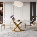 Dining Table and Chair Set – Golden Dining Table Frame with Italian Composite Marble and 4 Chairs