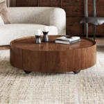 Round Coffee Table Design in Walnut Wood with Hidden Storage – Perfect for Modern Living Rooms