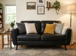 Black Leather Square Arm Sofa with Pillows | Free Home Delivery | Luxury Furniture Online