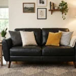 Black Leather Square Arm Sofa with Pillows | Free Home Delivery | Luxury Furniture Online