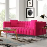 Chesterfield Pink Sofa – 3 Seater Velvet Sofa with 2 Toss Pillows | Upholstery Luxury Sofa for Living Room