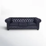 Black Leather Sofa in Diamond Button Tufted Design – Rich Look 3 Seater Chesterfield Sofa for Luxury Living