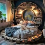 Round Low Floor Wooden Bed with Backside Shelves | Unique King Size Bed for Luxury Look | Low Floor Wooden Bed