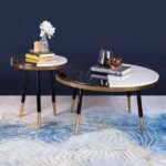 Yin-Yang Nesting Coffee Table – Black Marble Top Centre Table with Stool | Combo Pack of 2 Handmade Center Round Tea Table with End Table in Golden Sides and Legs