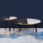 Yin-Yang Nesting Coffee Table – Black Marble Top Centre Table with Stool | Combo Pack of 2 Handmade Center Round Tea Table with End Table in Golden Sides and Legs - Image 2