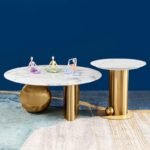 Brooklyn Set of 2 Nesting Coffee Table for Sitting Room – Golden Centre Table for Living Room with Side Table | White Marble Tops Designer Center Table for Drawing Room