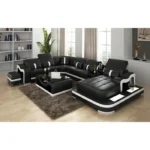 7 Seater Leather Slipcovered Sectional Sofa for Living Room – 5 Piece Black Sectional Sofa Set with Leather Covered Center Table & Ottoman