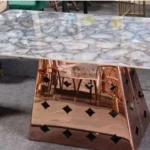 Dining Table Set for 6 Chairs – Diamond Shaped Dining Frame in Rose Gold PVD with Italian Composite Marble Top